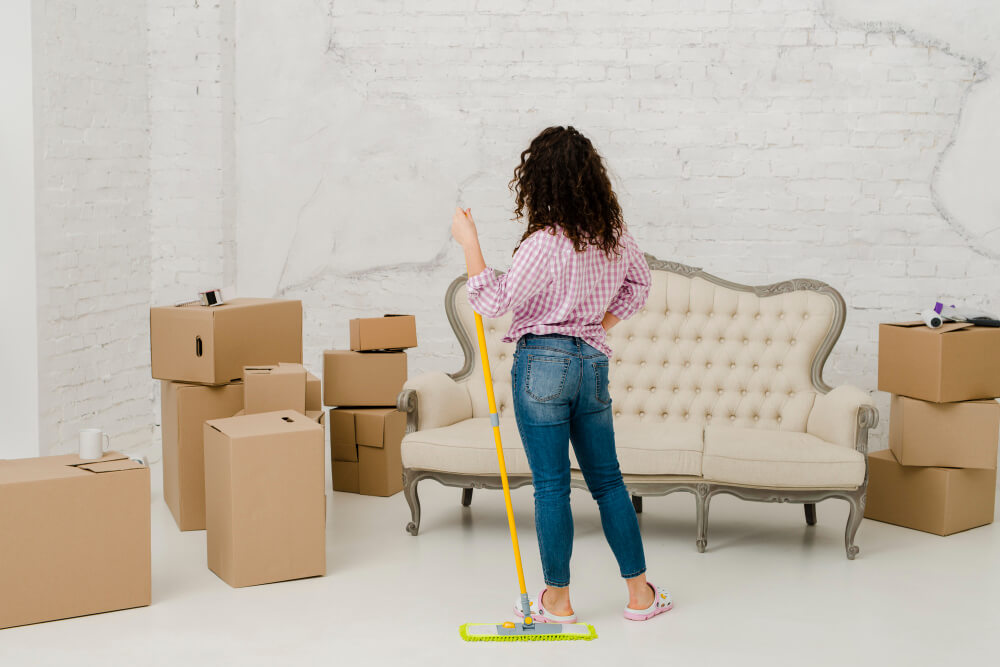 Professional cleaner meticulously cleaning a modern, empty room with eco-friendly products